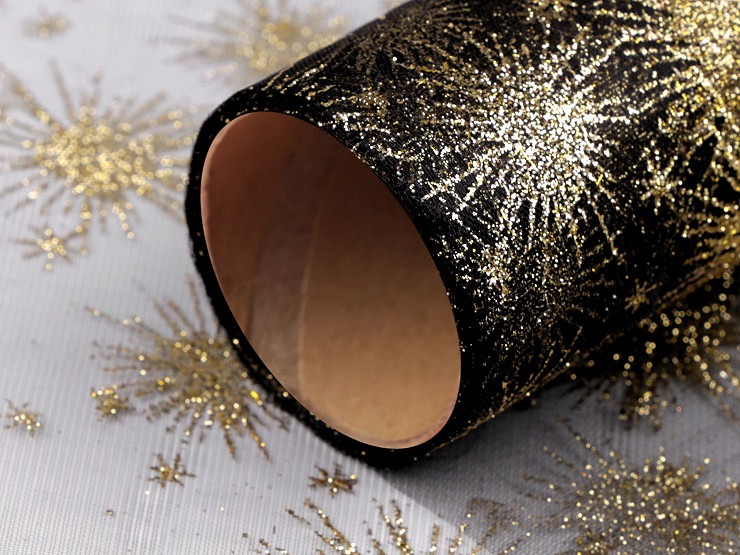 Vianočná organza s potlačou - čierno-zlatá 36cm