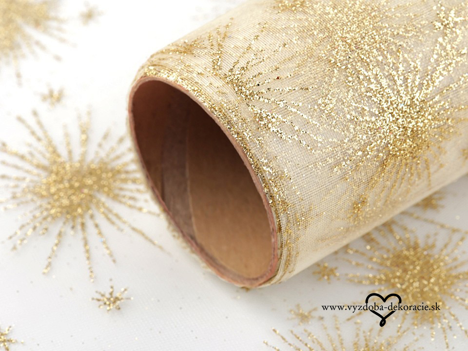 Vianočná organza s potlačou - krémovo-zlatá - 36cm